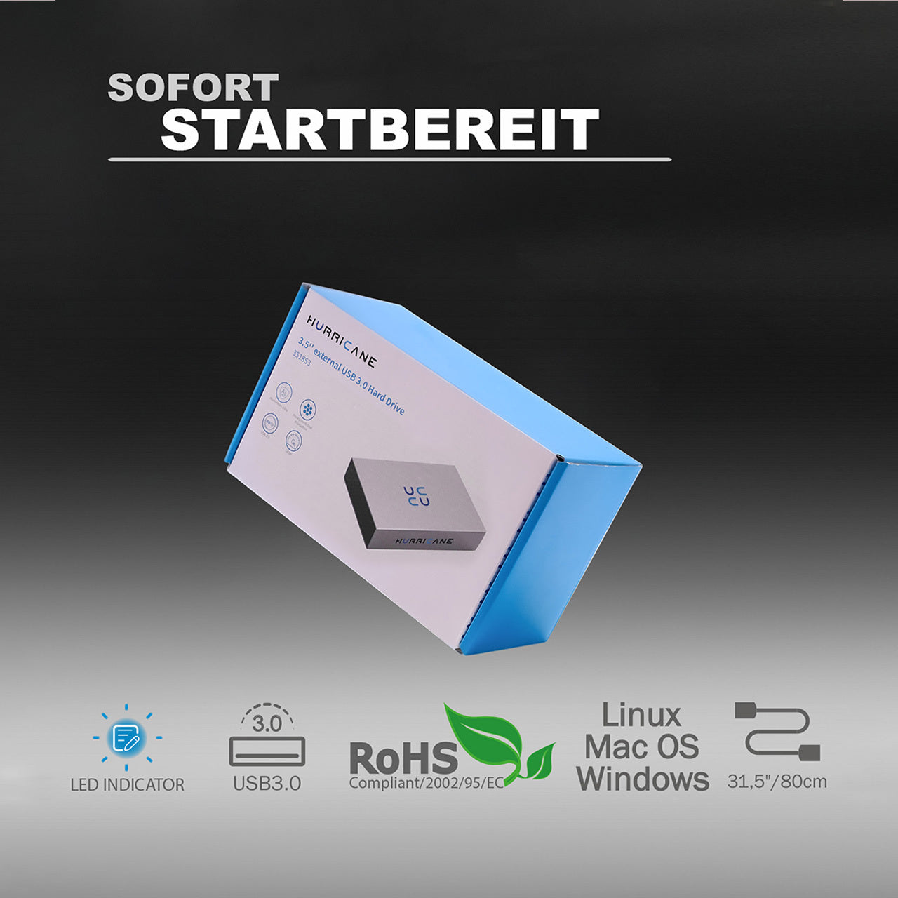 HURRICANE 3518 Aluminium Externes Festplattengehäuse, 3.5 Zoll, USB 3.0 für Windows, Mac und Linux