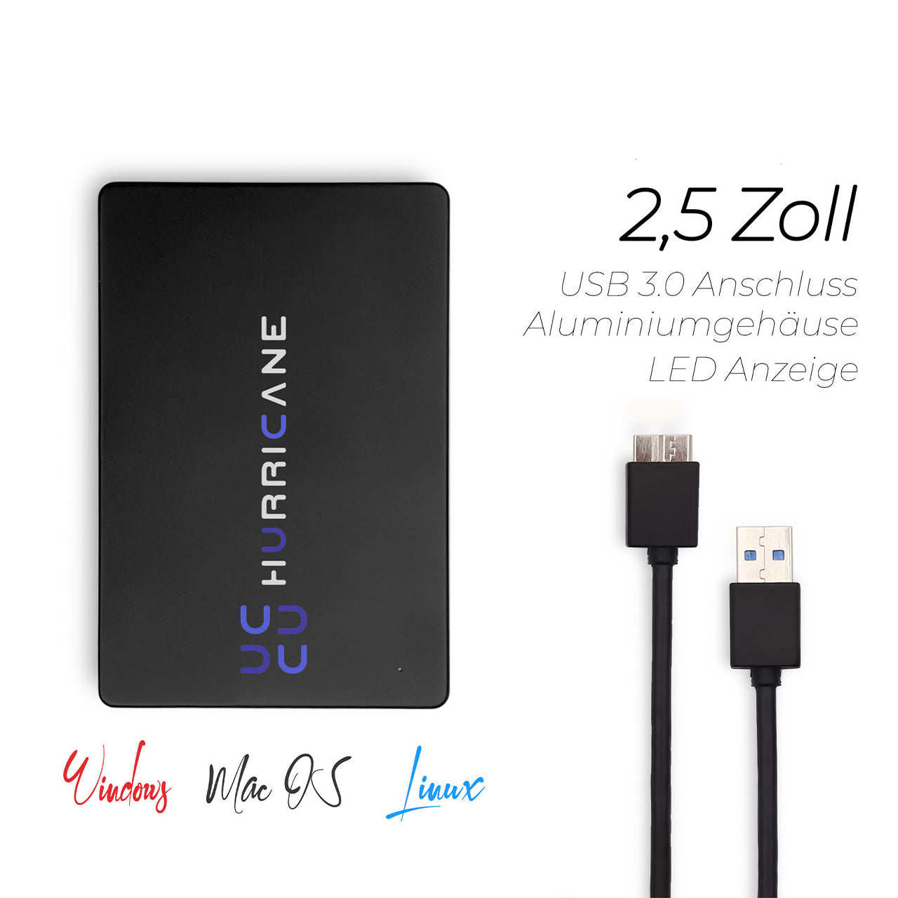 HURRICANE MD25 Externe Festplatte 2,5" USB 3.0 & USB-C für Windows, Mac, Linux, PS4, PS5 und Xbox
