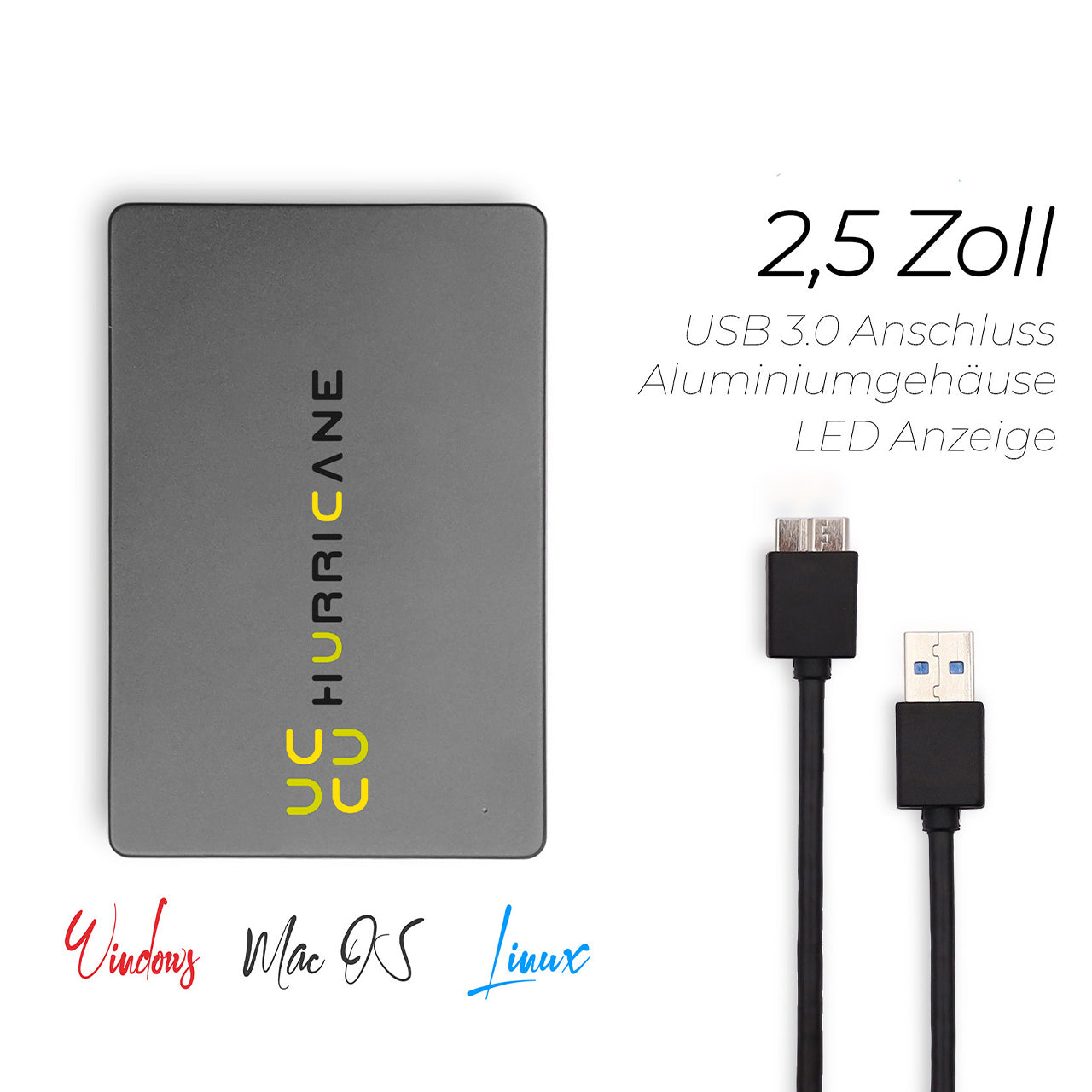 HURRICANE MD25 Externe Festplatte 2,5" USB 3.0  & USB-C für Windows, Mac, Linux, PS4, PS5 und Xbox