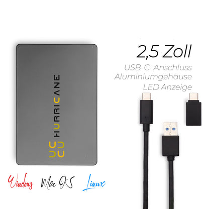 HURRICANE MD25 Externe Festplatte 2,5" USB 3.0  & USB-C für Windows, Mac, Linux, PS4, PS5 und Xbox